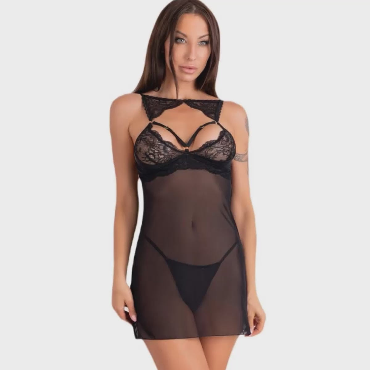 Se încarcă video: LIVCO CORSETTI FASHION - Krolina LC 90734 chemise + tanga negru L/XL